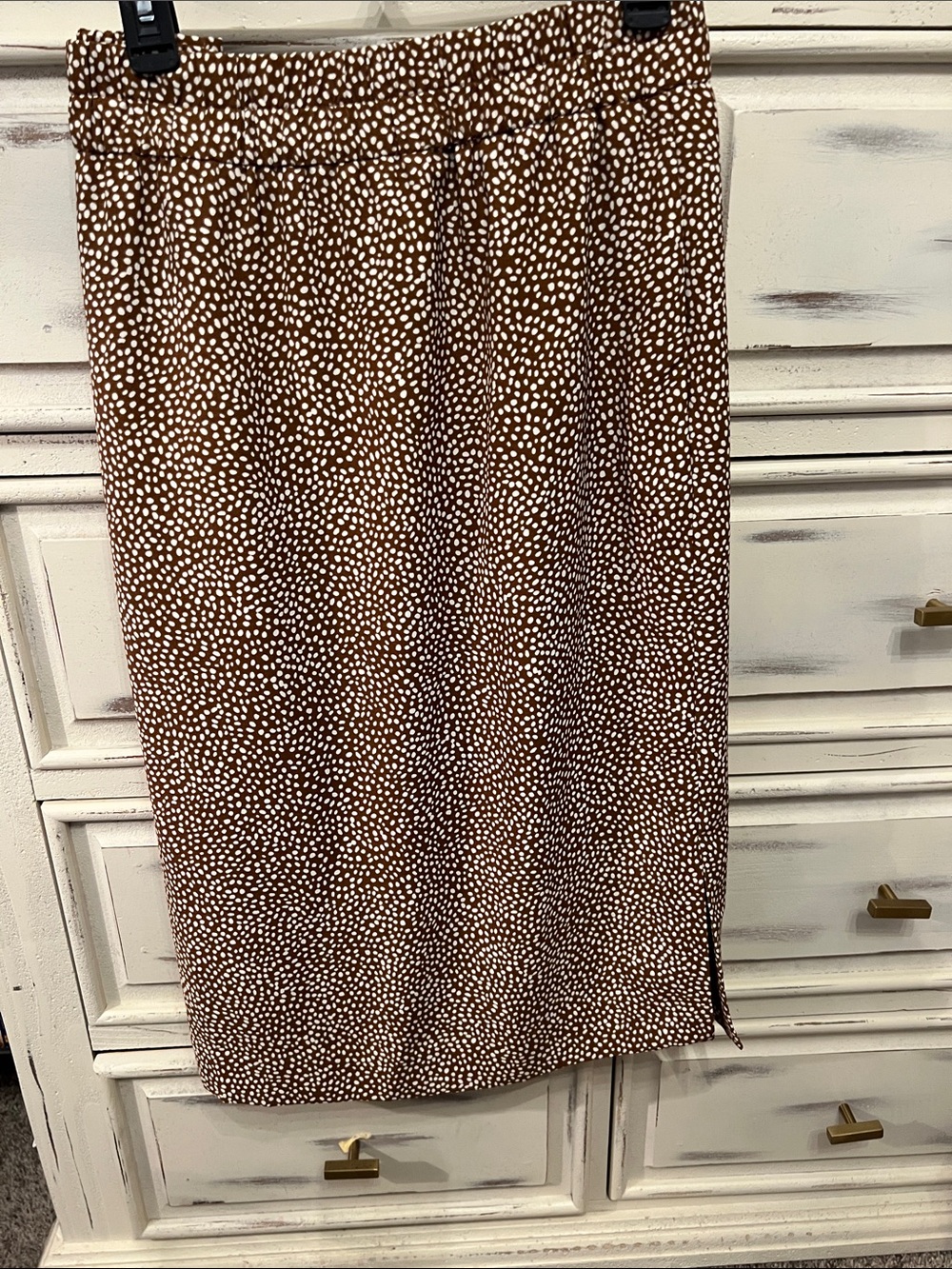 J. Crew Factory Brown Midi Skirt with White Dot Print .